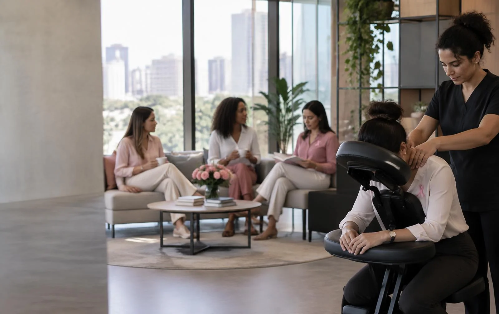 Ação de Outubro Rosa corporativo com experiência de bem-estar para colaboradores