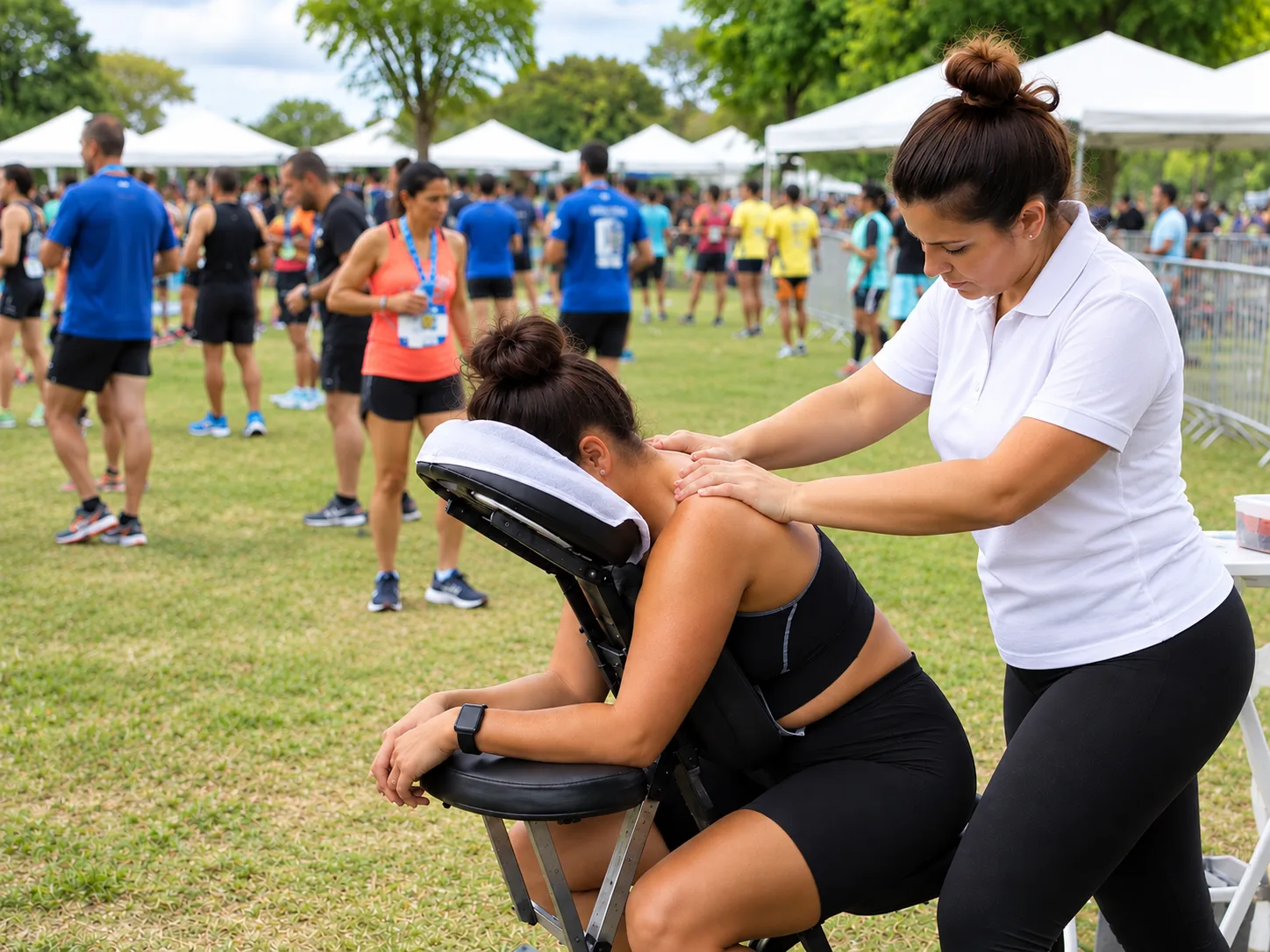 Quick massage em cadeira para participantes de corrida em evento esportivo
