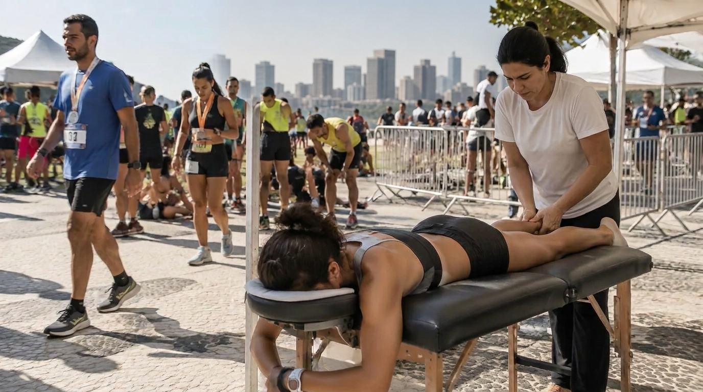 Quick massage em maca para participantes de corrida em evento esportivo