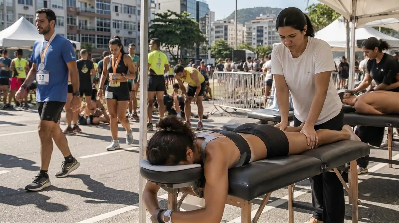 Atendimento de massagem em maca durante corrida urbana